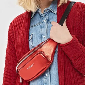 Кожаная поясная сумка с двумя карманами красный металлик