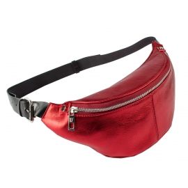 Кожаная поясная сумка с одним карманом красный металлик